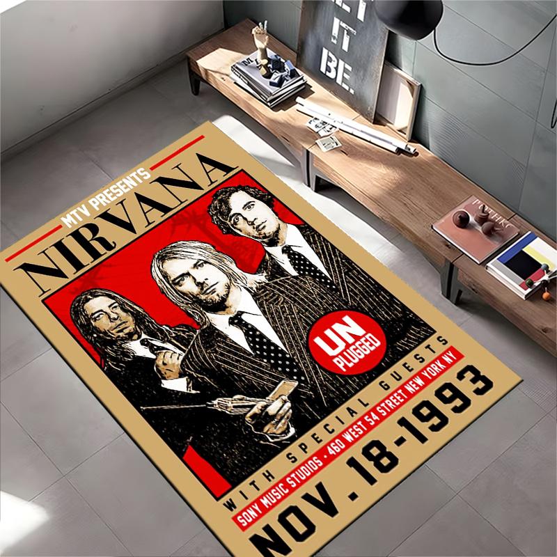 Rock Music Area Rug, Nirvana MTV Unplugged 1993 Poster Suits Kurt Cobain Krist Novoselic Dave Grohl Print, Man Cave Decor, Non-Slip Mat