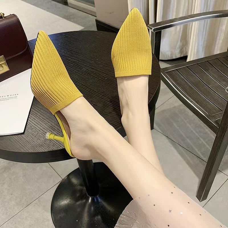 20 New Slippers Women's Fashion Woven Retro Half Slippers Pointed Head Bag Head High Heel Stiletto