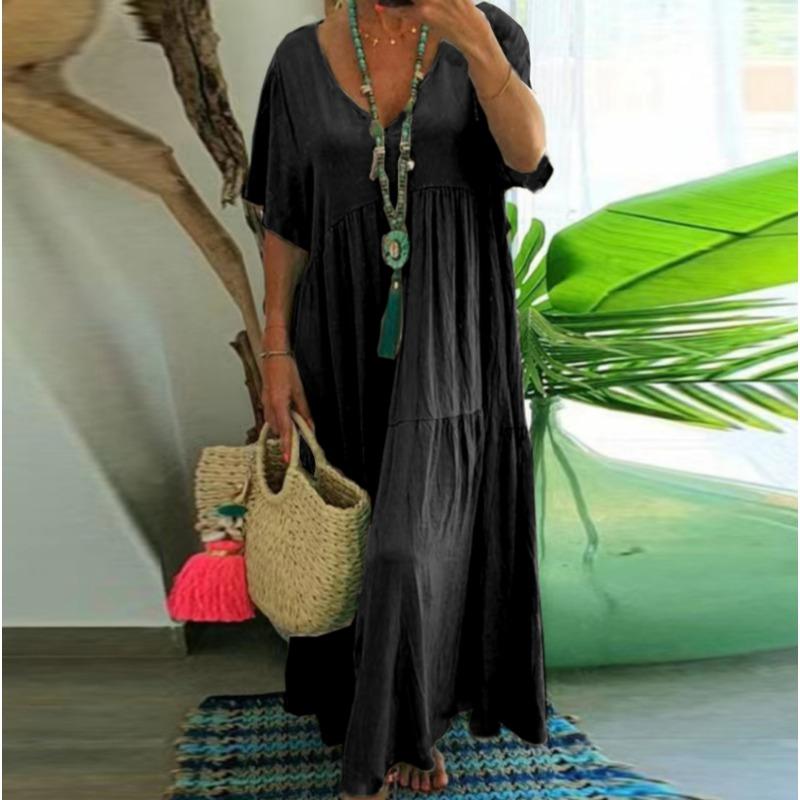 Summer Fashion New Women's Long Dress V- Neck Irregular Cotton Blended Elegant Large Size Casual Long Swing Vintage Dress