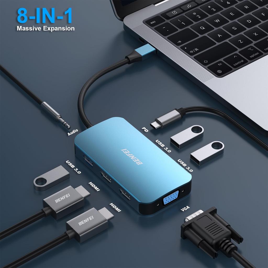 BENFEI USB C 8in1 Hub Docking Docking Station MST 2 X HDMI VGA 3 X USB 100W PD Charging Audio Compatible with iPhone 15 MacBook 2023 iPad Pro iMac XPS