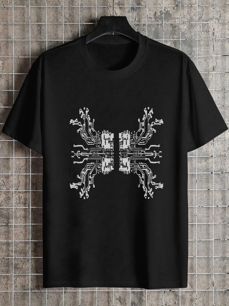 1pc Casual Circuit Board Symmetrical Geometric Print T-shirt - 180g Cotton Crew Neck Short Sleeve