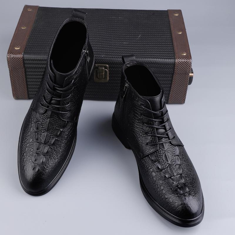 FashionGenuine Leather Men Motorcycle Boots High Top Casual Ankle Boots Warm Plush Fur Winter Footwear Crocodile Pattern Business Shoes