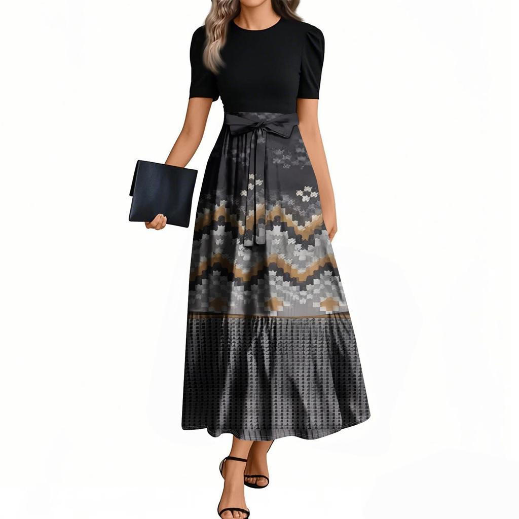 Женские модные повседневные платья с поясом, коротким рукавом, круглым вырезом, геометрическим узором, элегантные платья с темпераментом