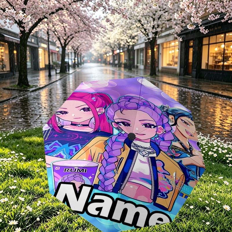Custom Name Personalized KPop Demon Hunters Print Umbrella, Auto Open Close, 8‑Rib Sturdy Frame, Commute Camping Hiking Use, Birthday Gift