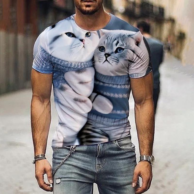 Футболка с животными, футболки с принтом кошки, большие размеры, мужская одежда с короткими рукавами, летняя повседневная блузка с круглым вырезом, уличная футболка унисекс, топ