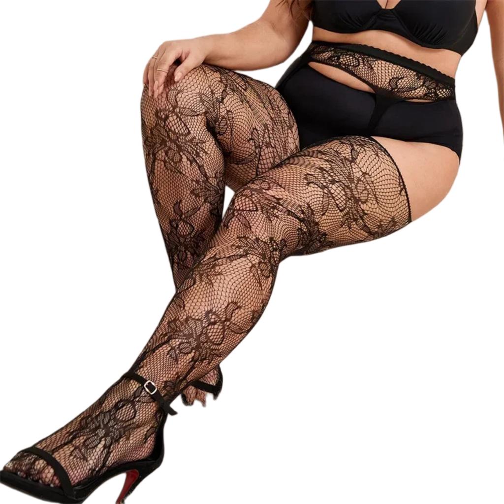 Plus Size Women's Lace Floral Thigh High Pantyhose Fishnet Body Stockings Over Knee Mesh Socks Tights Leggings Bottom