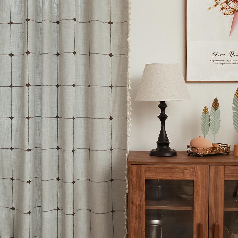 Серые Готовые Шторы Вышивка Хлопок и Лен Однотонные Клетчатые Кофе Изоляция Гостиная Кухня Комплект Штанга Перегородка Штора