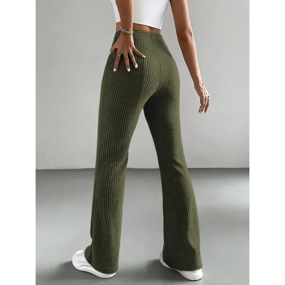 Womens Bell Bottom Pants  Casual Elastic Waist Trousers Solid Color Ribbed Knit Flare Pants