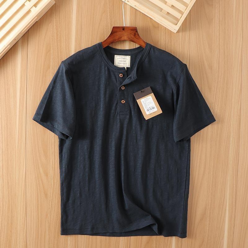 Мужская хаки футболка-henley с коротким рукавом из льна и хлопка