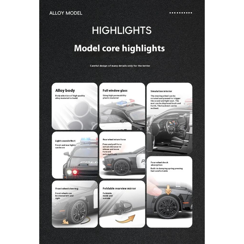 1/22 Dodge Challenger Redeye Hellcat Police Alloy Sports Car Diecast Модель Звуковая и световая игрушка Коллекционная витрина Украшение Подарки