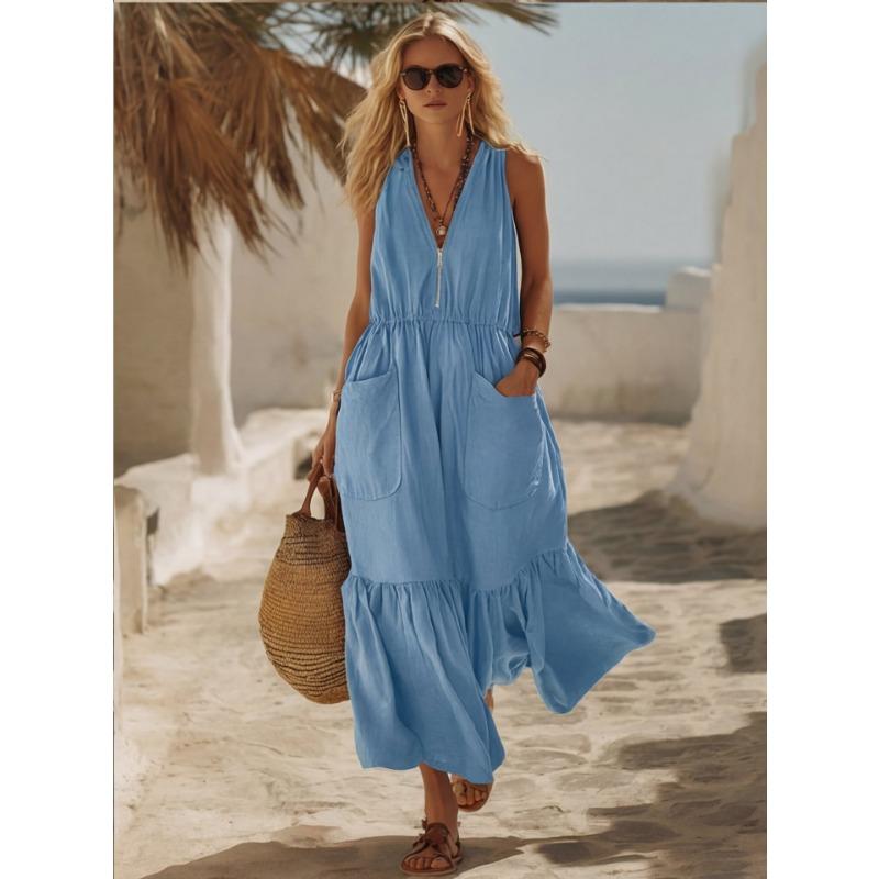 V Neck Sleeveless A Line Long Dress With Pockets Vintage Beach Vacation