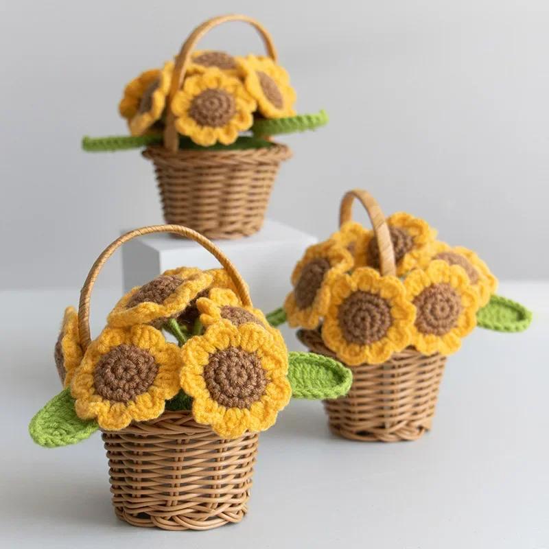 Creative Knitted Sunflowers Hand-knitted Flower Woven Rattan Potted Wedding Ornament Office Desktop Decor Graduation Flower