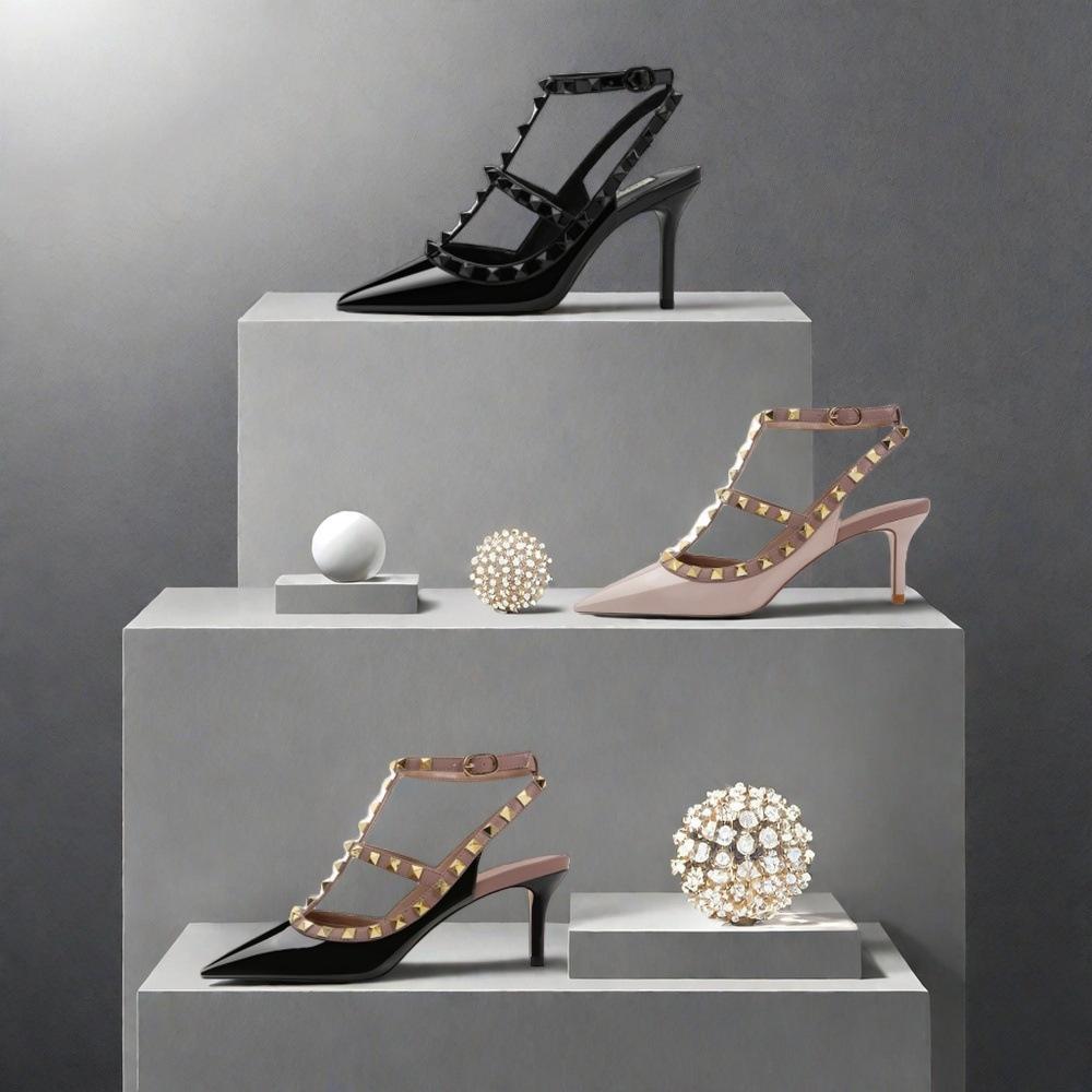 Fashion Beige High Heels Comfortable High-Heeled Shoes Roman Style Slip On Navy Blue Pumps All-Match Rivets Patent Leather Sandals Ladie