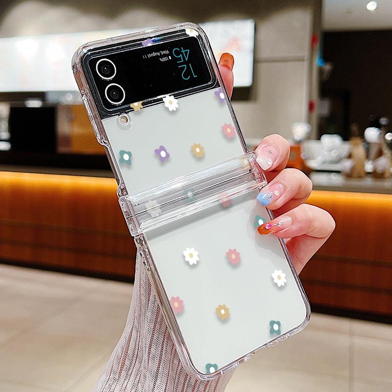 Transparent Love Flower Phone Case For Samsung Galaxy Z Flip 6 5 4 3 Flip 5 Flip 6 Shockproof Bumper Slim Hard Back Cover Fundas
