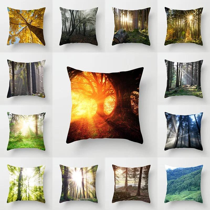 Office Living Room Home Pillowcase Car Ornaments Forest Sunshine Landscape Print Pillowcase