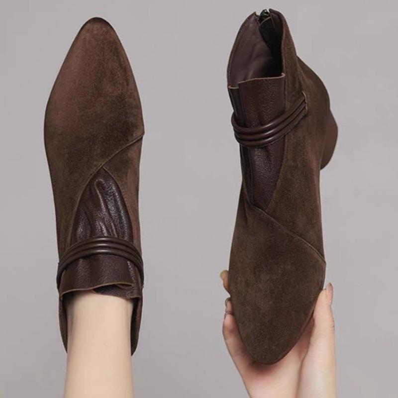 Women's New Winter Thick Heel Cotton Boots Pointed Suede Splicing Back Zipper Soft Sole Non-slip Short Boots