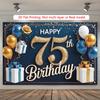 Элегантный фон для 75-летия, Изысканный дизайн в темно-синих и золотых тонах с шарами и подарками, Праздничный декор стены для юбилейной вечеринки