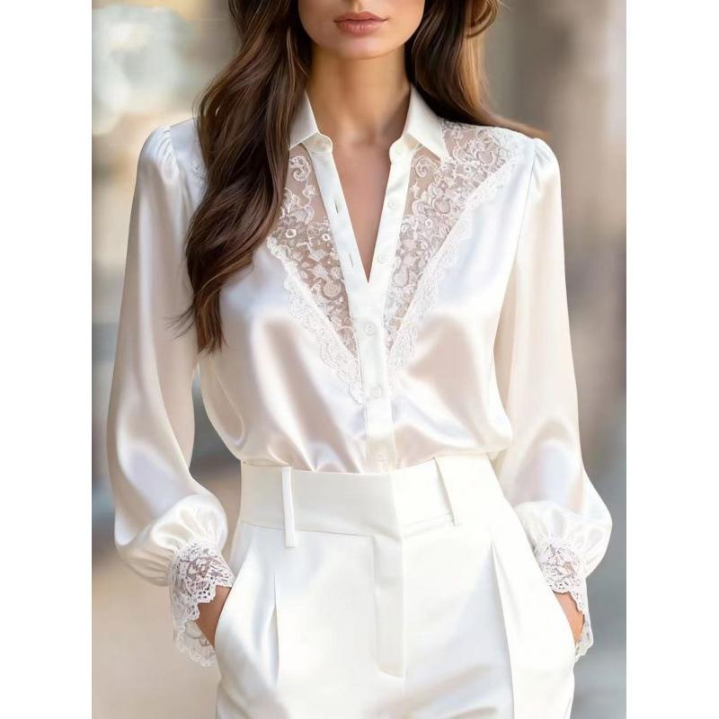 2025 Весенне-осенний дизайн Нишевый кружевной топ с V-образным вырезом и рукавами-фонариками для женщин