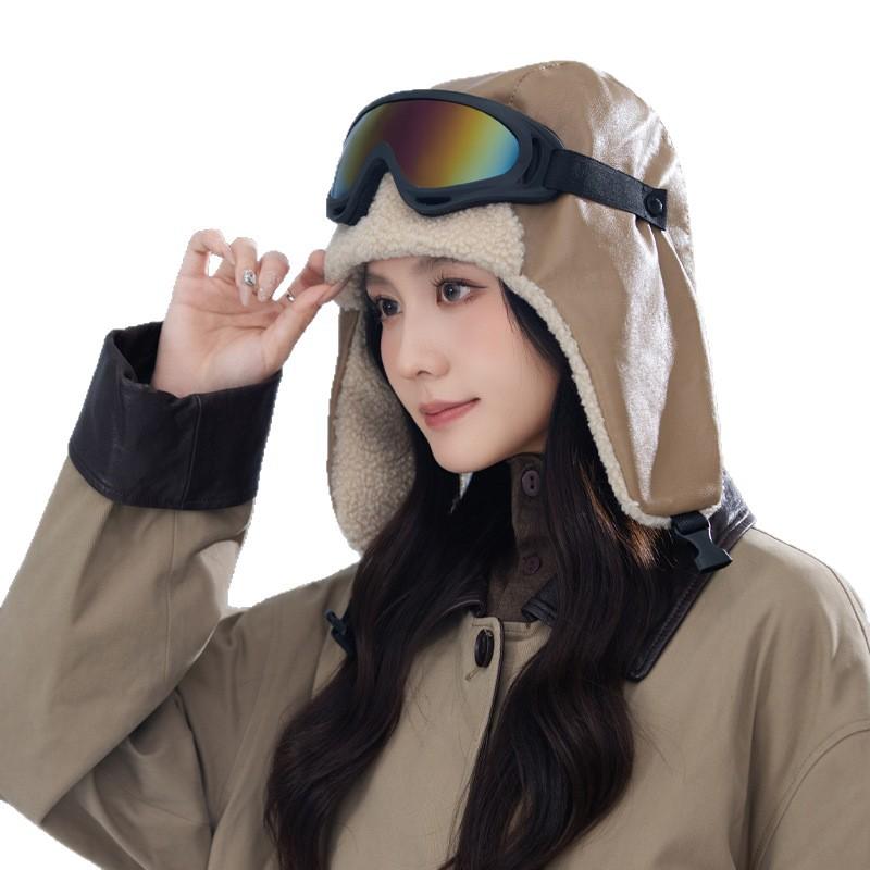 Outdoor Mountaineering and Skiing PU Leather Pilot Hat Removable Goggles Set Winter New Windproof and Warm Hat