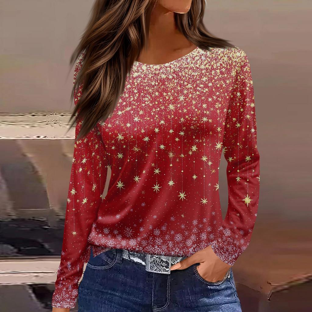 Женская модная повседневная футболка с разрезом и круглым вырезом, длинным рукавом, свободная, с принтом, женская футболка на Рождество