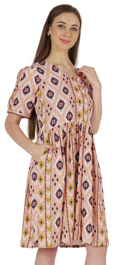 Bimba Printed Summer Shift Dress For Women V Neck Short Dress W  Pockets Western Midi