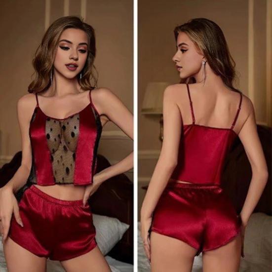 2 шт./комплект, женская пижама, атласная, регулируемая, на тонких бретельках, без рукавов, укороченный топ, прозрачная, кружевная, в стиле пэчворк, пижама для спальни, дома, повседневная ночная сорочка