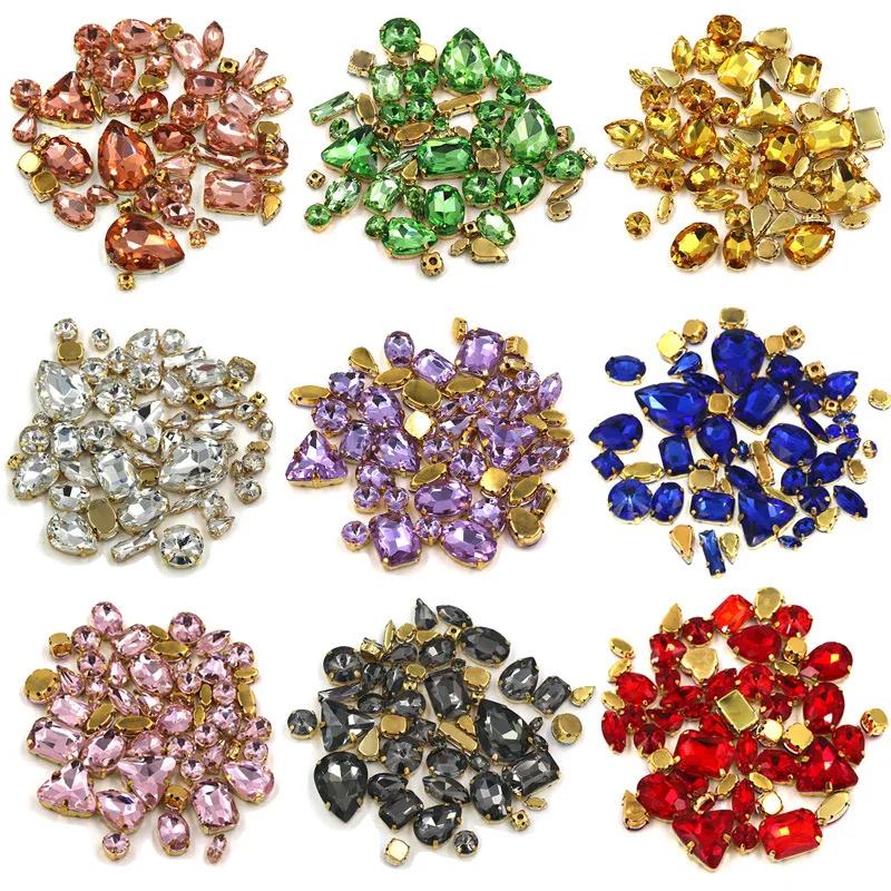50pcs/Bag Glitter Mixed Shape Sew On Glass Rhinestone Gold Claw Crystal Buckle Diy Wedding Decoration Accessories