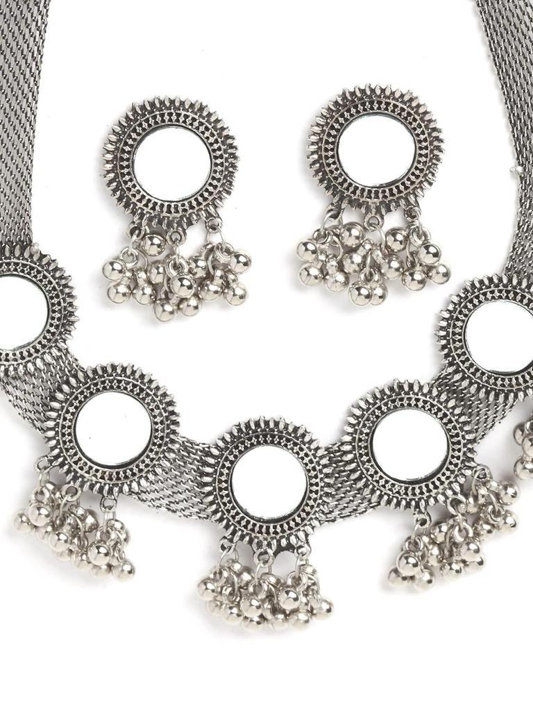 Women Latest Stylish Fancy Oxidised Silver Tribal Choker Necklace With Earrings Jewellery Set