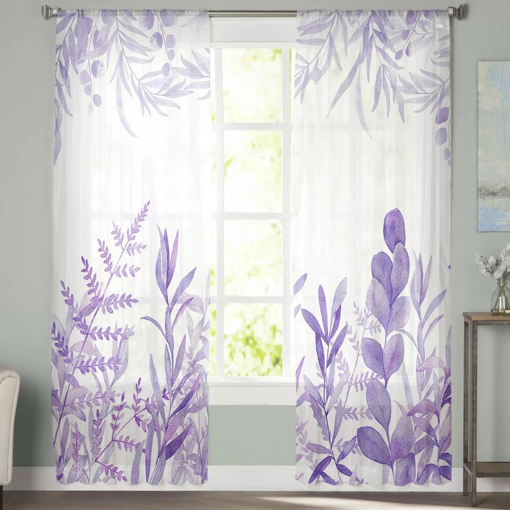 Акварельные фиолетовые домашние тюлевые шторы с растениями для спальни, гостиной, прозрачные шторы с принтом для балкона, летний домашний декор