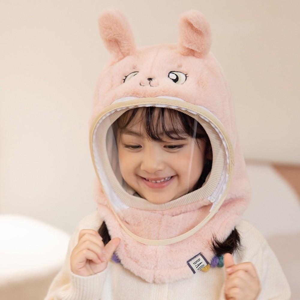 Cartoon Kids Mask Integrated Hat Plush Fleece Hooded Hat Winter Warm Windproof Head Caps