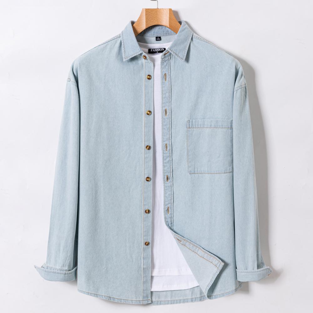 Men's Versatile Casual Long Sleeve Denim Pocket Shirt Regular-Fit Comfortable Soft 100% Cotton Washed Durability Work Shirts