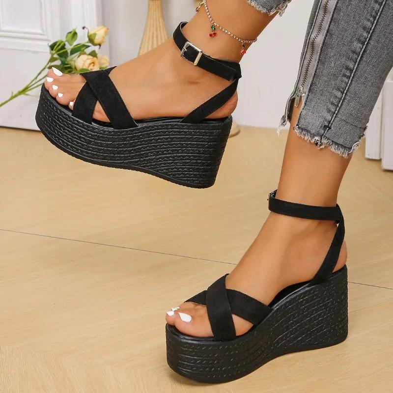 2024 New Solid Color Women's Wedge Sandals Summer Fashion Thick Sole Buckle Casual Comfortable Walking Sandals Women's Shoes