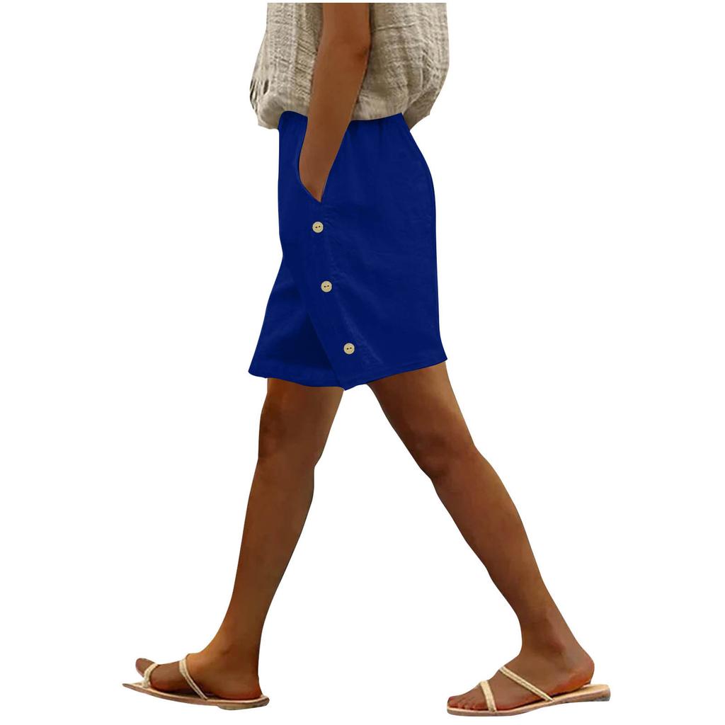 Женские модные повседневные свободные однотонные шорты из хлопка и льна с боковыми карманами на пуговицах и средней талией