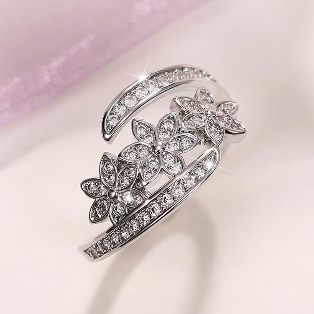 Нежное открывающееся кольцо с цветком, регулируемое, женское, обручальное, ювелирное изделие с ослепительным цирконием, серебряный цвет, аксессуары, подарок