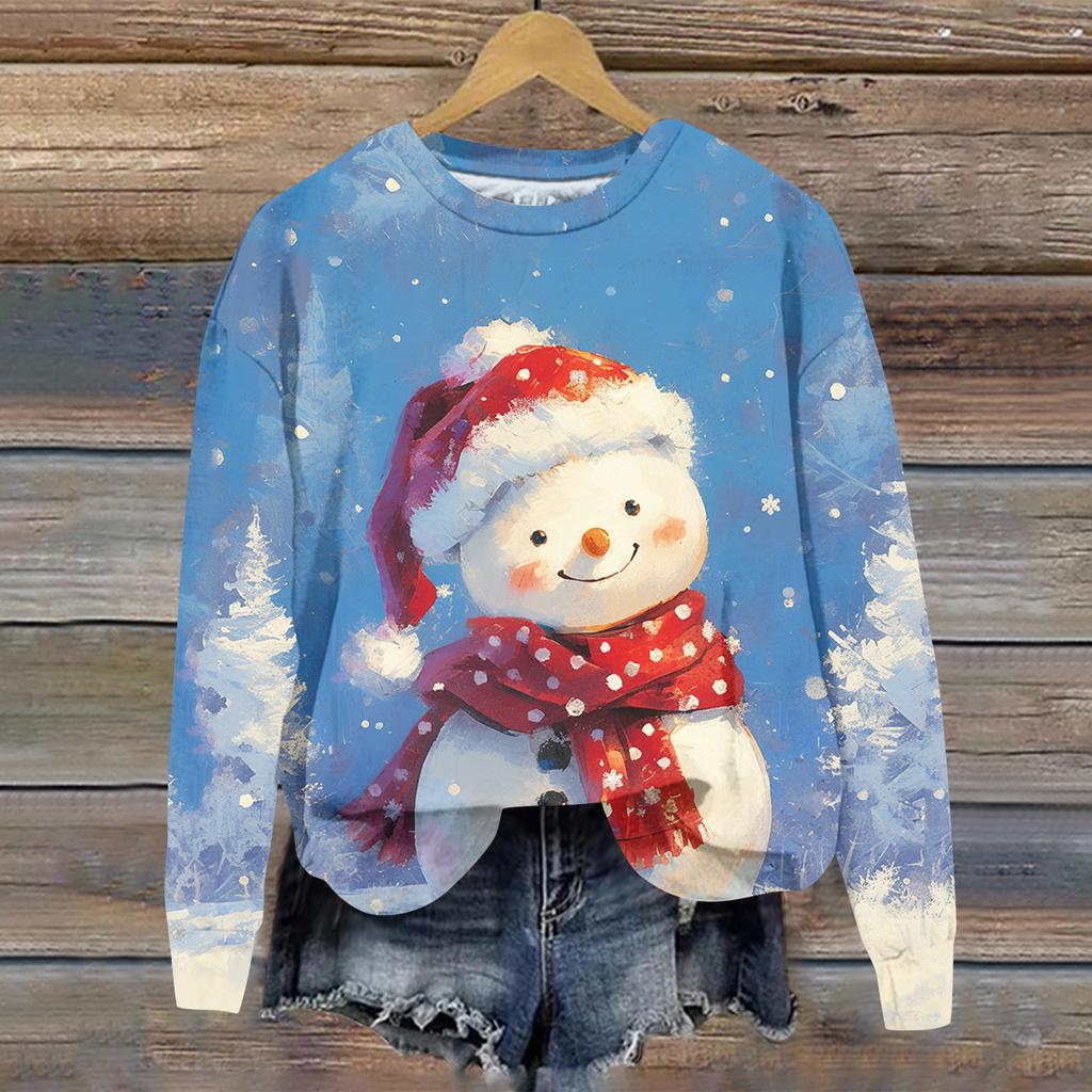 Женская толстовка с рождественским принтом, с длинным рукавом и круглым вырезом, свободный топ