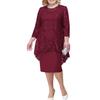 Lady Petticoats Plus Size O-neck High-Waist Plus Size Midi Dress Embroidery Lace 3/4 Sleeve Lady Evening Dress Female Clothing