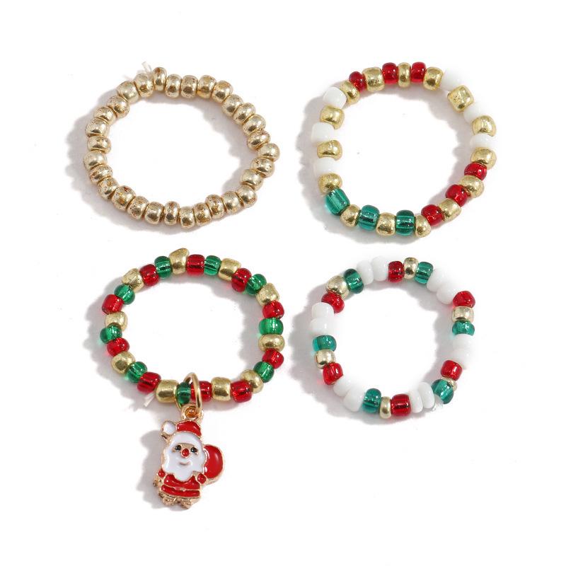European & American Christmas Seed Bead Ring Set: 4-Piece Elastic Rings, Trendy Women's Fashion