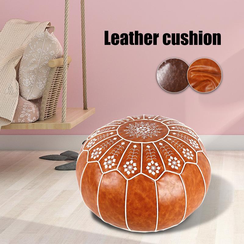 Home Decor Moroccan PU Leather Pouf Embroider Craft Ottoman Footstool Mediterranean Style Artificial Leather Unstuffed Cushion