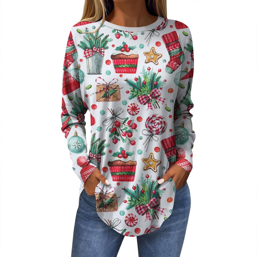 Женская модная повседневная футболка с круглым вырезом и длинным рукавом с рождественским принтом