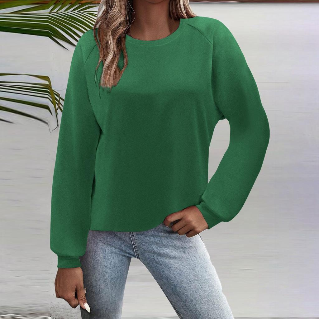 Женская мода повседневный однотонный круглый вырез рукав длинный рукав топ