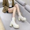 Женские ботинки на толстом каблуке с круглым носком и шнуровкой. Женские водонепроницаемые короткие ботинки на платформе и высоком каблуке. Маленькие удобные ботинки из мягкой кожи в стиле ретро.