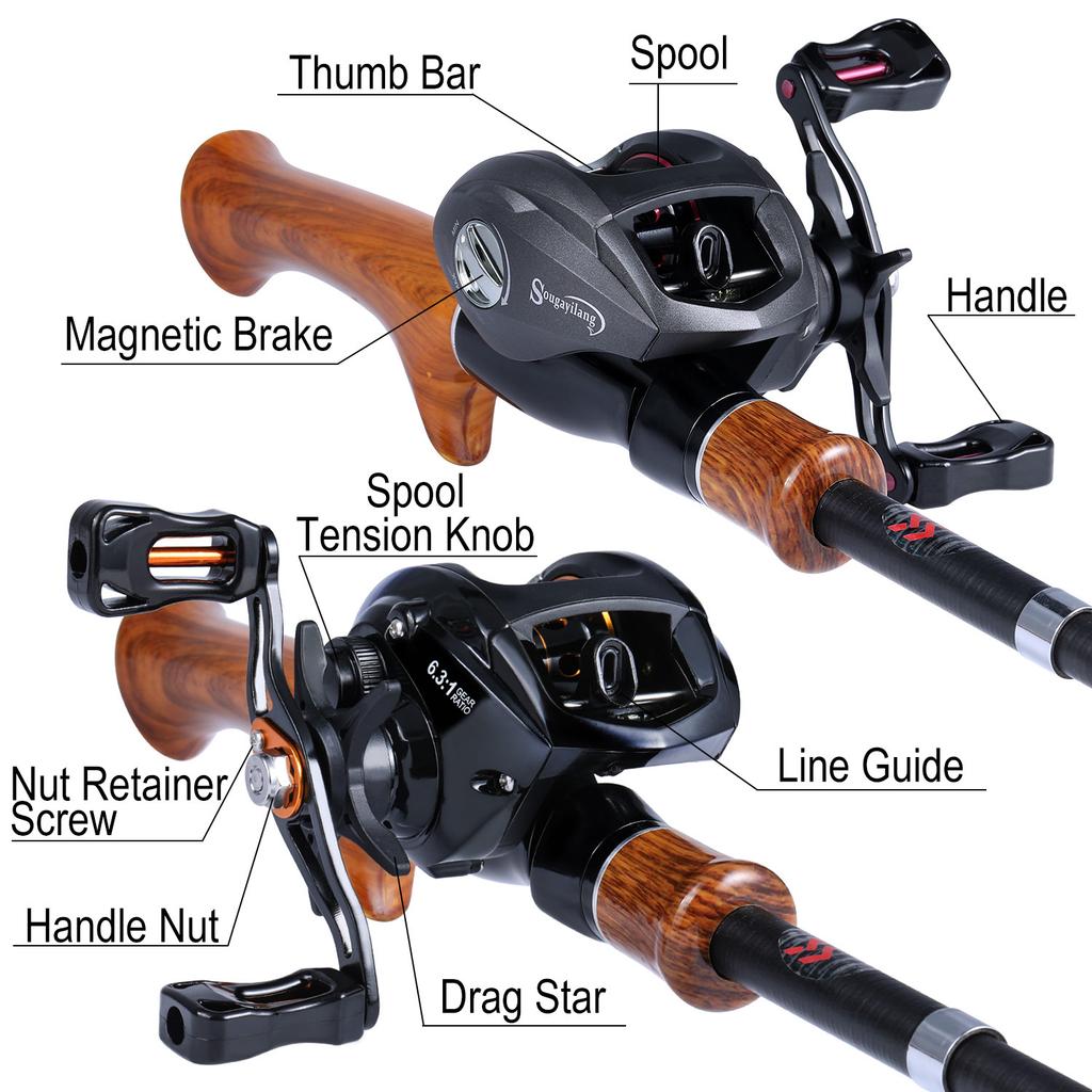 SOUGAYILANG Рыболовный набор, спиннинг, литейная удочка с спиннинговой катушкой, катушка для приманки, полный набор, сумка-переноска, приманка для лески