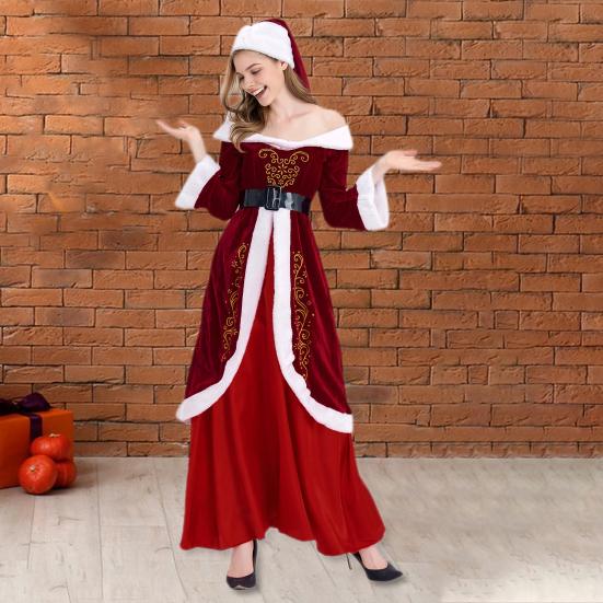 Женское рождественское платье Санта-Клауса с открытыми плечами, цветное ретро-платье в стиле Yoyal с поясом и шляпой, праздничный костюм для выступлений и вечеринок