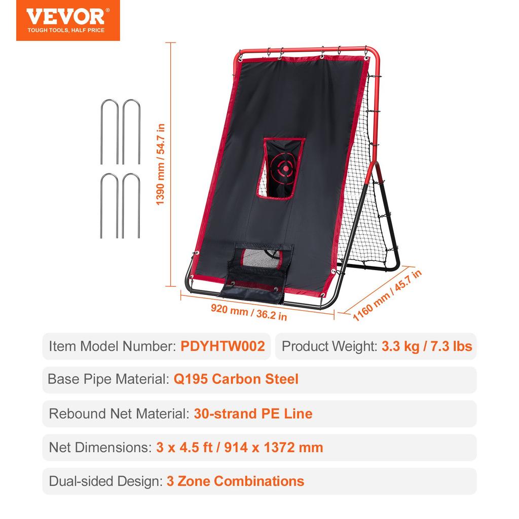 VEVOR Baseball And Softball Rebounder Net, 3.5 x 4.5 ft 2-in-1 Switch Hitter Pitch Trainer, PitchBack Baseball Pitching Return Trainer Nest