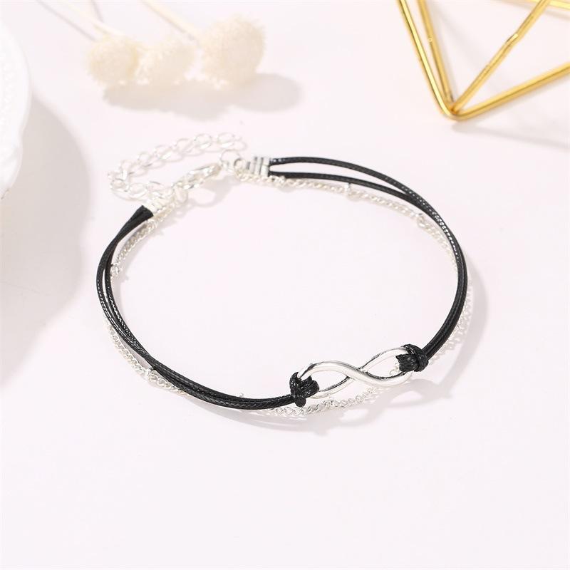 Украшение для ног Lucky Infinite с серебряной цепочкой, модный пляж, двухслойный ножной браслет из черной веревки из сплава, 8 символов, летний ножной браслет