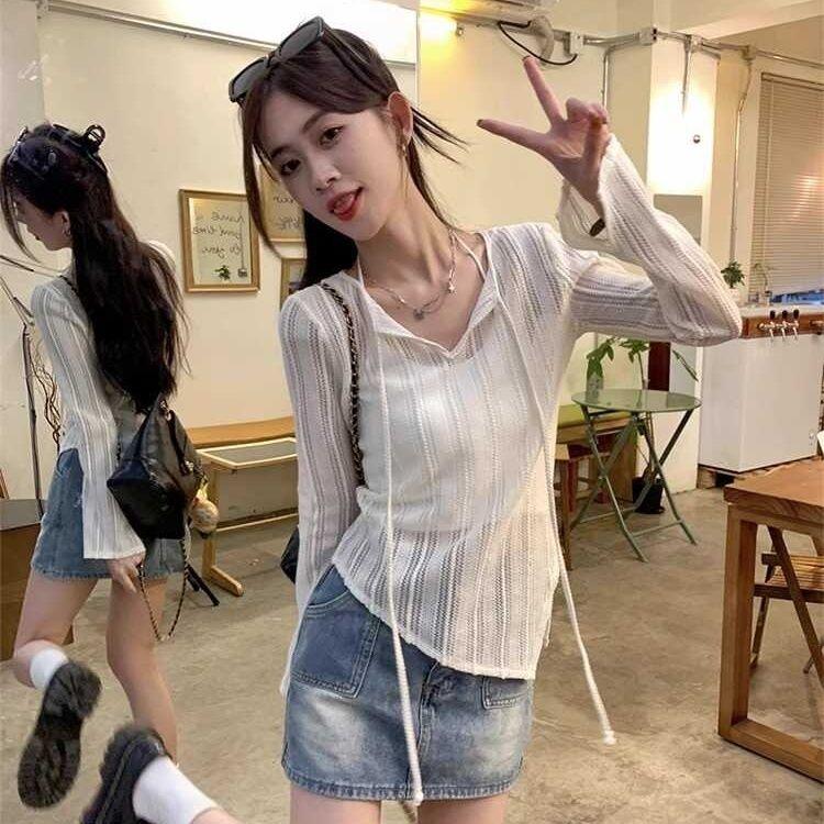 Чистый стиль желания пикантная девушка простой длинный рукав V-образный вырез тонкий ремешок полый солнцезащитный крем чехол свитер трикотажная футболка топ женский
