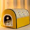 Желтый цветной изогнутый домик для кошки с полным принтом, кошачье гнездо, полузакрытое большое пространство, подвесной шар, интересные товары для животных