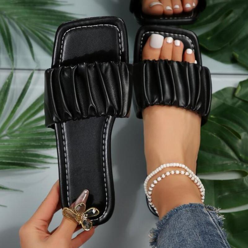 Summer Slippers for Women Pleated Flip Flops Flats 2024 New Korean Slippers Women Sandals Green Slip On Shoes Big Size 36-43