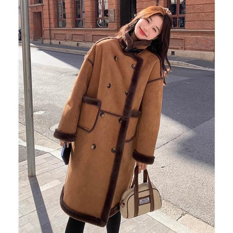 Korean Style Winter Lamb Fur Loose Coat for Women Thick Warm Long Fleece Lined Jacket