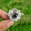 Gift For Her Natural Black Rutile Statement Flower Adjustable Ring 925 Silver